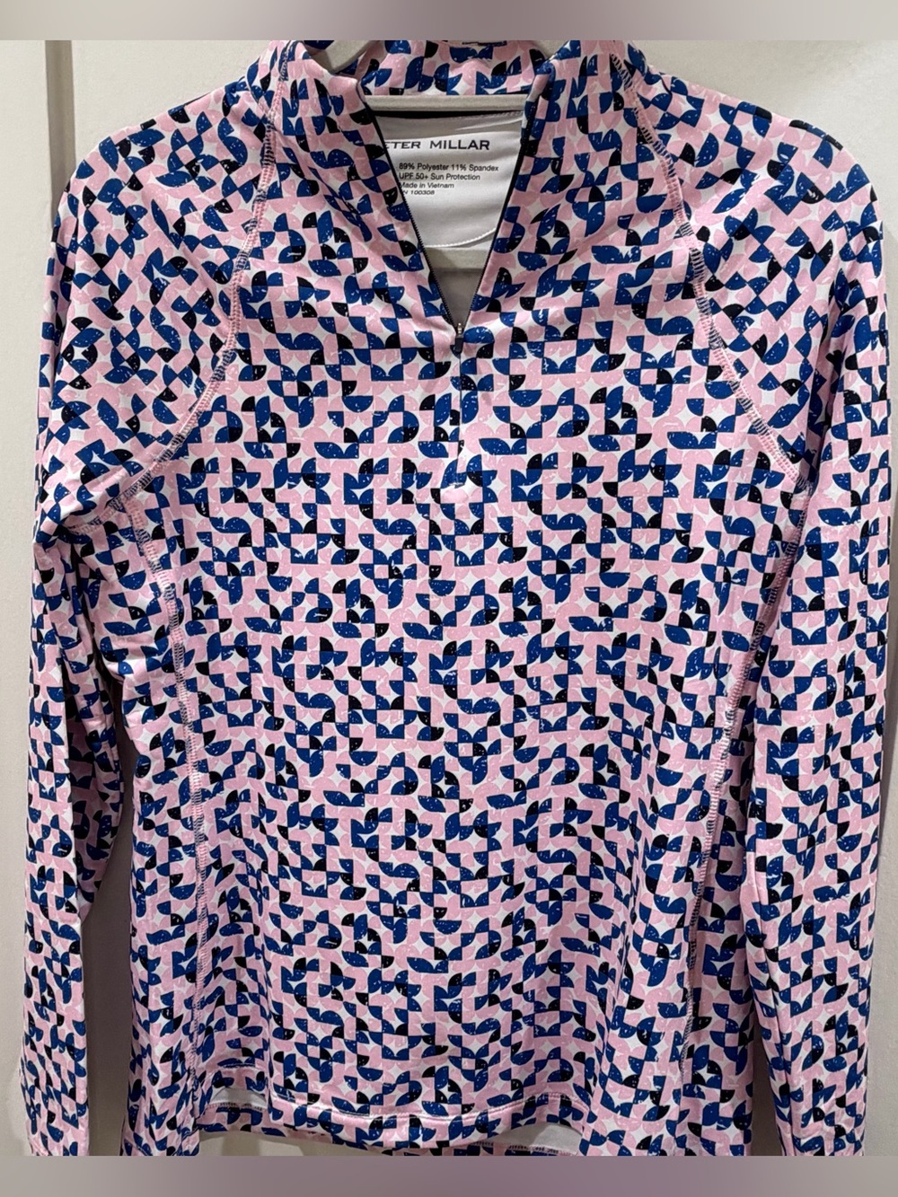 Peter Millar Pink and Navy Geometric Quarter-Zip Pullover